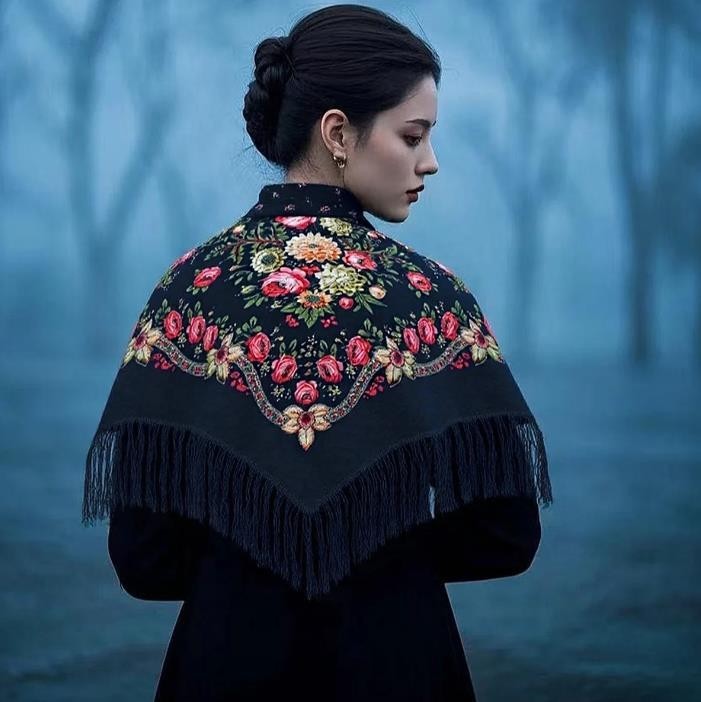 Floral Black Shawl Head Scarf Russian Style Fringe 35 inches