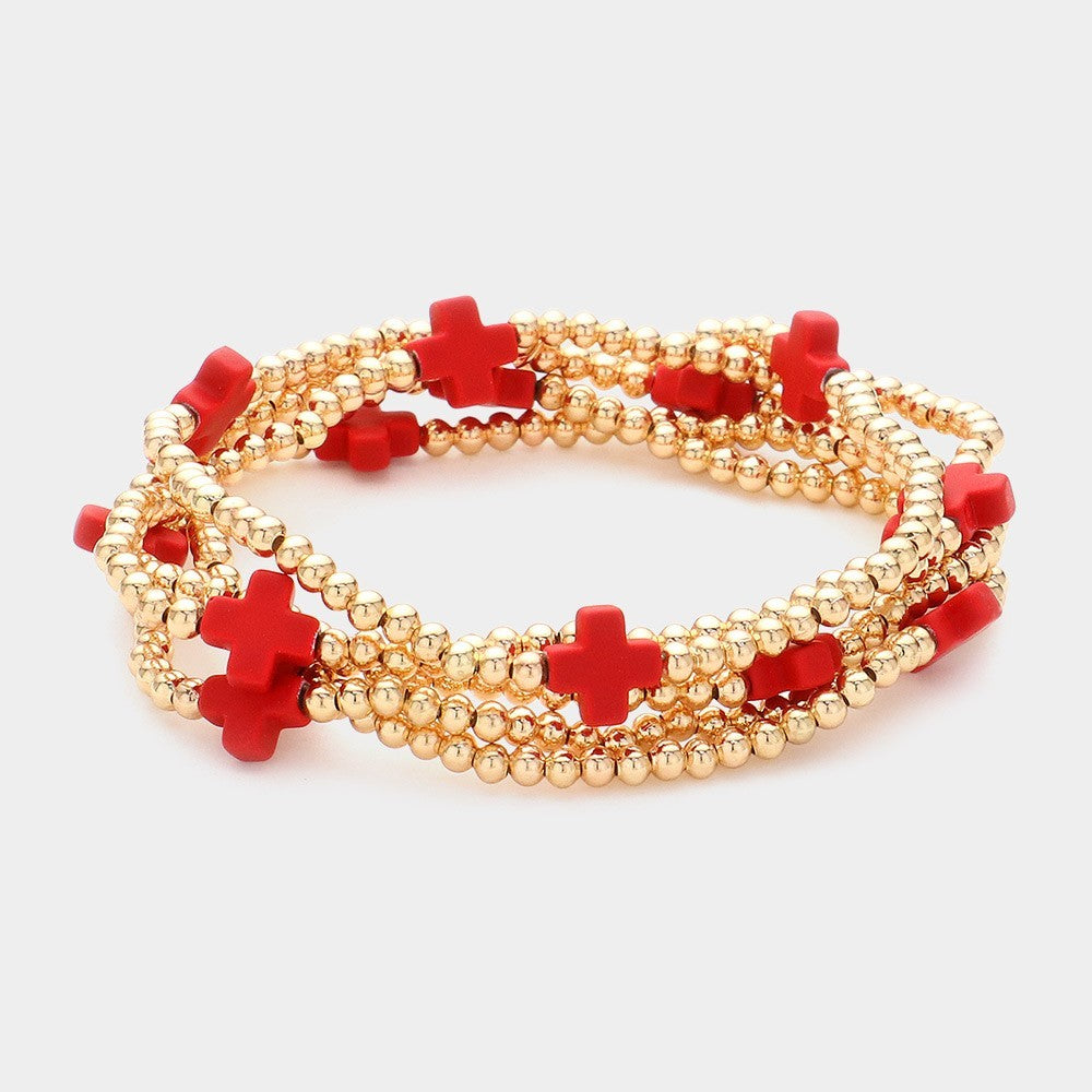 5PCS Red Faceted Beaded Stretch Bracelets Gold Bubble Flower Accented Jewelry