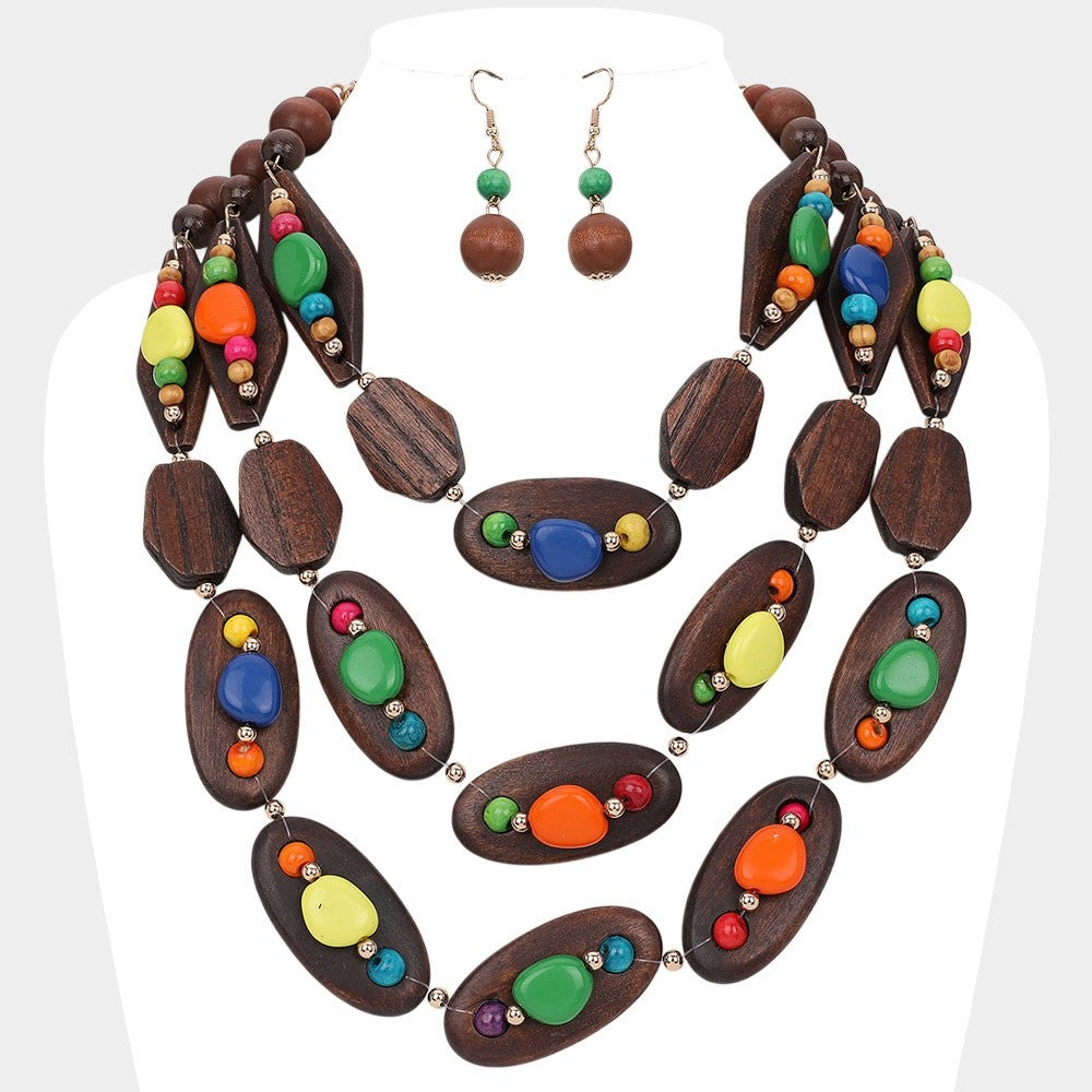 Multi-Strand Wooden Bead Statement Necklace Earthy Bohemian Bib Jewelry Piece