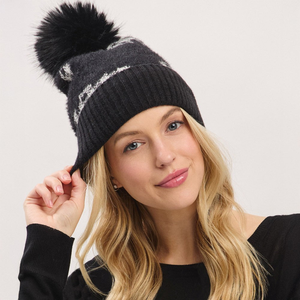 Women's One Size Paid Pattern Faux Fur Mixed Fleeced Pom Pom Winter Beanie Hat