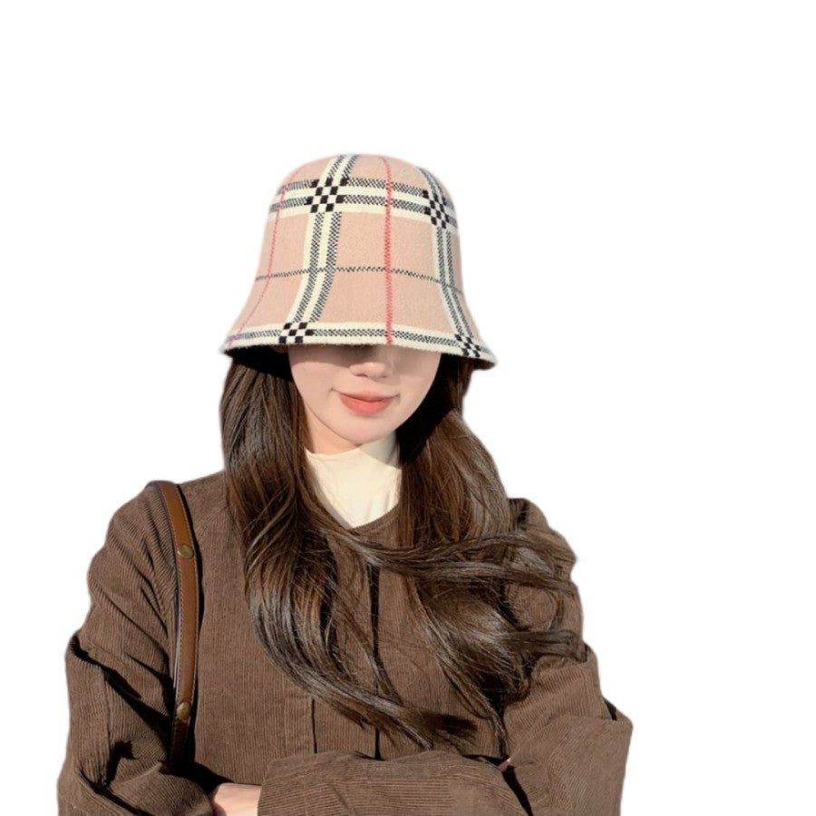 Wool Blend Plaid Bucket Hat Women's Winter Check Tartan Pink Fisherman Cap