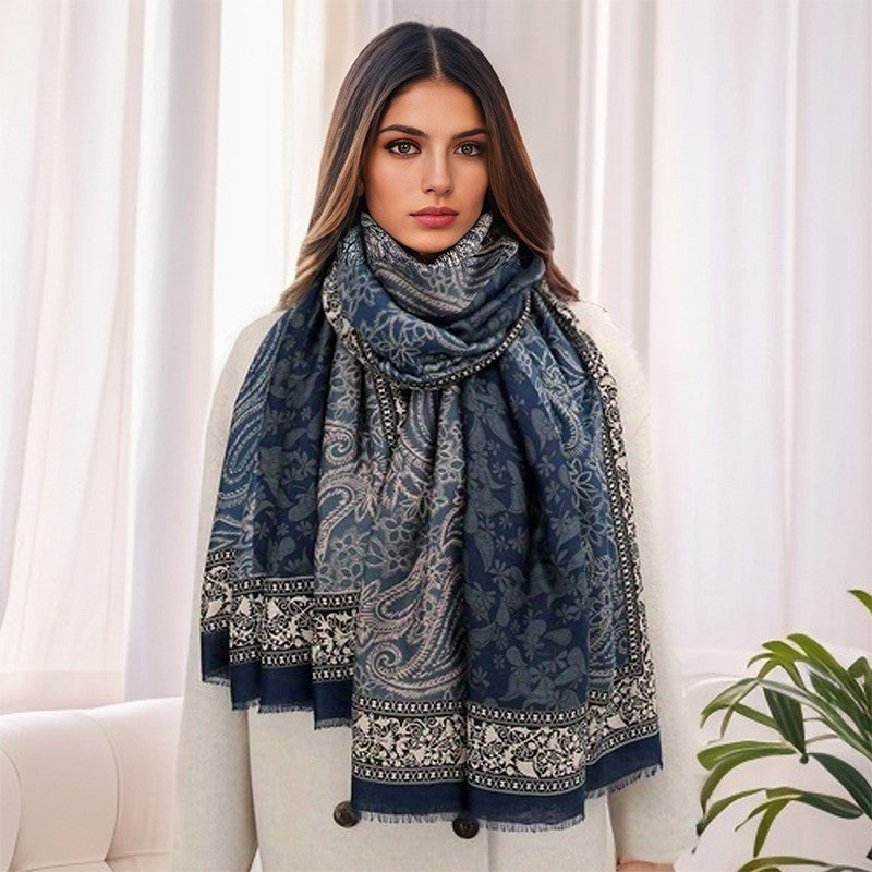 Luxury Blue Paisley Floral Scarf Shawl Wrap Winter Pashmina Style Fringed