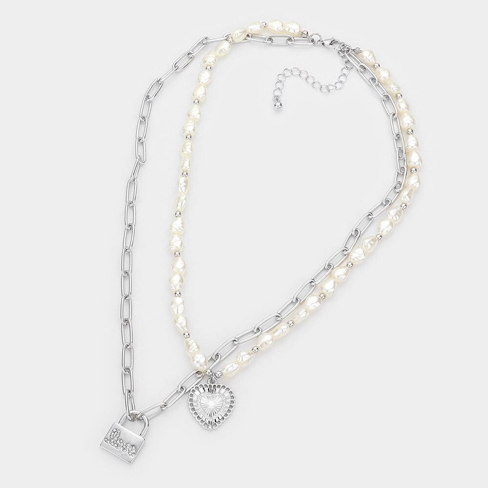 Double Layered Pearl Necklace Heart Lock Pendant Rhinestone Love Message Choker