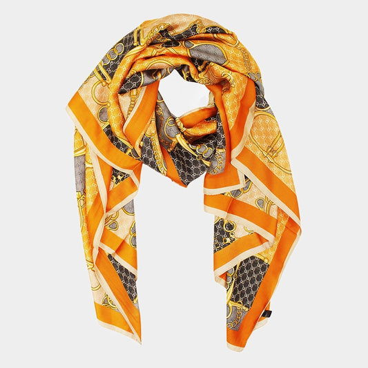 Women’s Abstract Print Orange Silky Satin Oblong Scarf Shawl Wrap 35 x 78 Inches