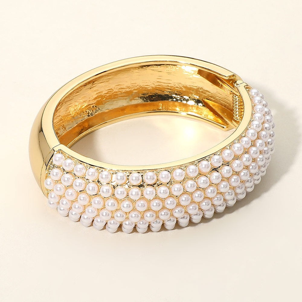 Elegant Gold Faux Pearl Pave Wide Hinged Bangle Statement Cuff Bracelet