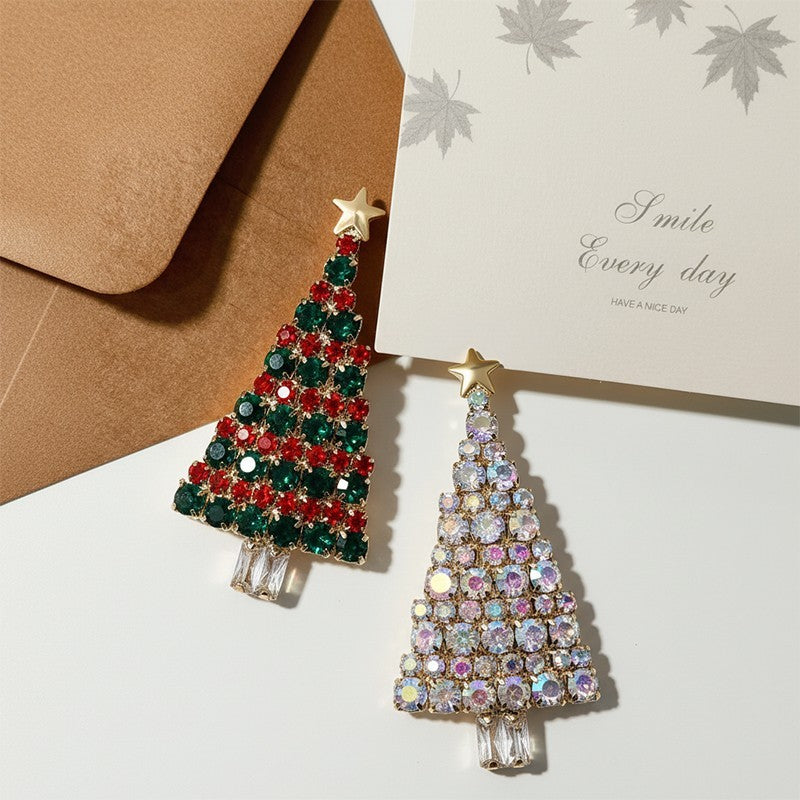 2pcs Christmas Tree Rhinestone Brooch Set Holiday Festive Crystal Pins