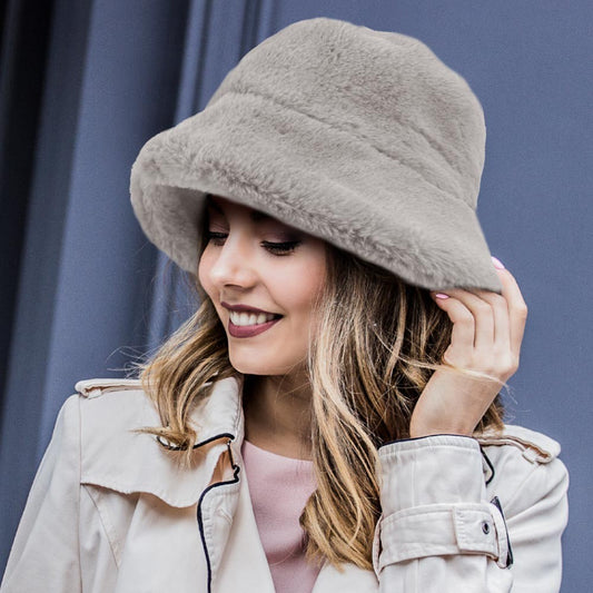Cozy Gray Faux Fur Bucket Hat One Size Winter Fashion Accessory Warm Hats Gift