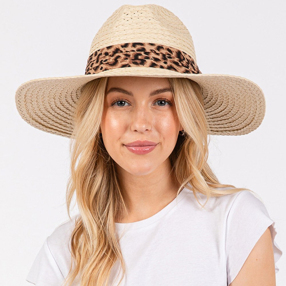 Leopard Band Straw Sun Hat for Women Wide Brim Summer Beach Travel Hat Chic
