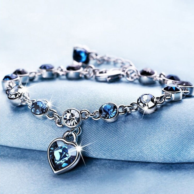 Fashion Bracelet For Women With Blue Heart Charm And Silver Tone Chain