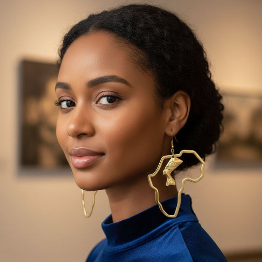 Gold Nefertiti Africa Map Hoop Earrings - Egyptian Queen Statement Jewelry