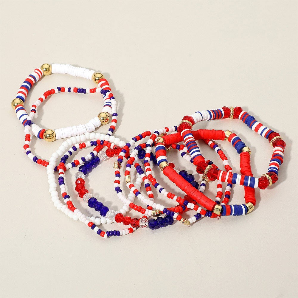 10PCS American USA Star Beaded Stretch Multi Layered Bracelets Set