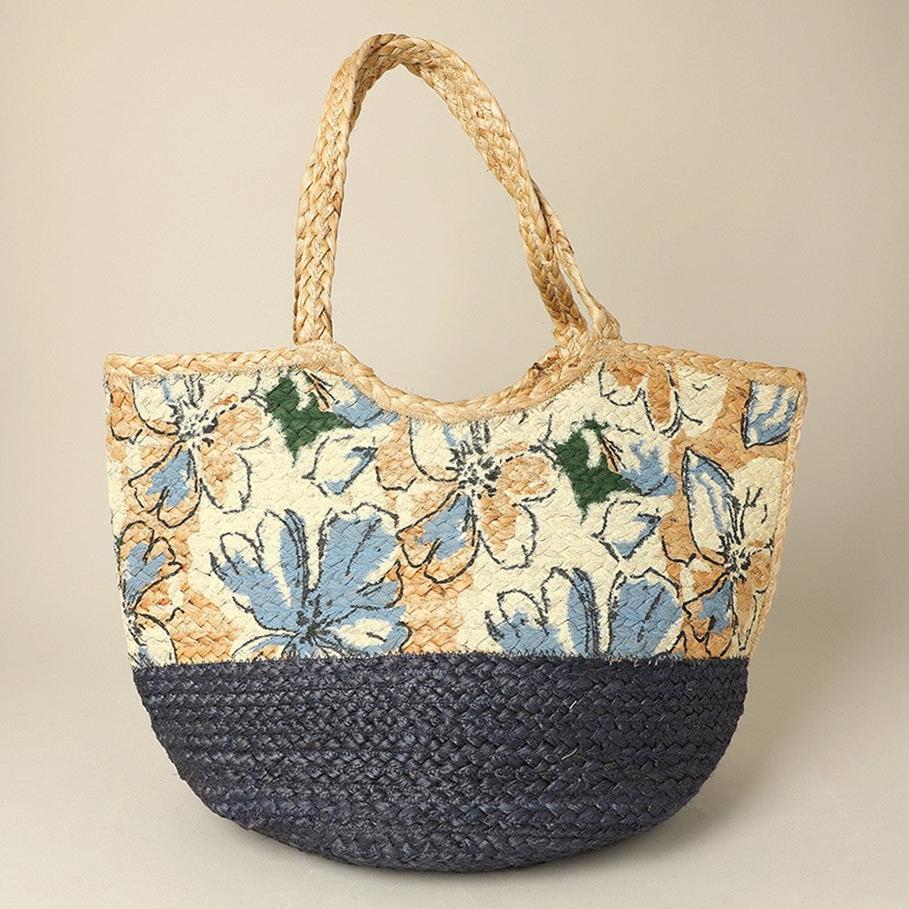 Floral Woven Straw Tote Bag Large Summer Beach Handbag with Shoulder Straps