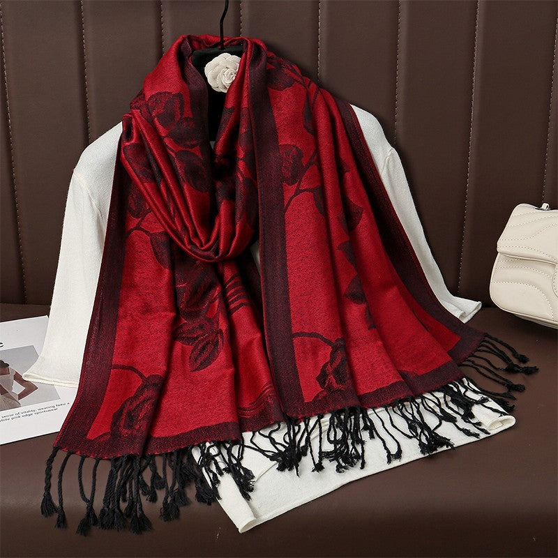 Red Black Floral Shawl Wrap Scarf Soft Cashmere Feel Rose Tassel Warm Gift