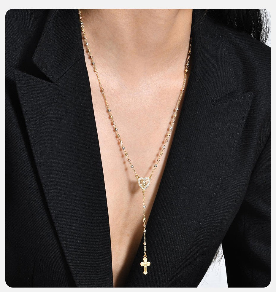 Copper Cubic Zirconia Rosary Y-Necklace Heart Centerpiece Cross Pendant