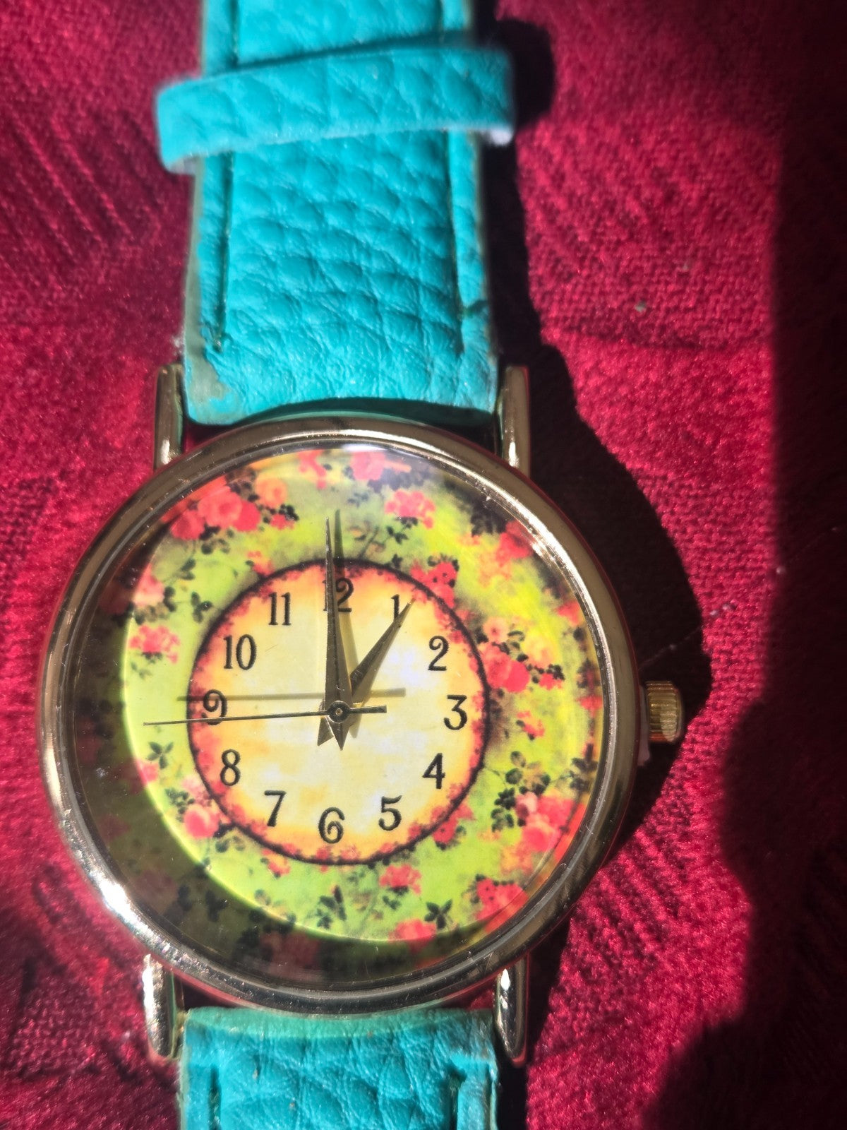 Women's Turquoise Floral Quartz Watch Gold Tone Faux Leather Strap Bright Analog