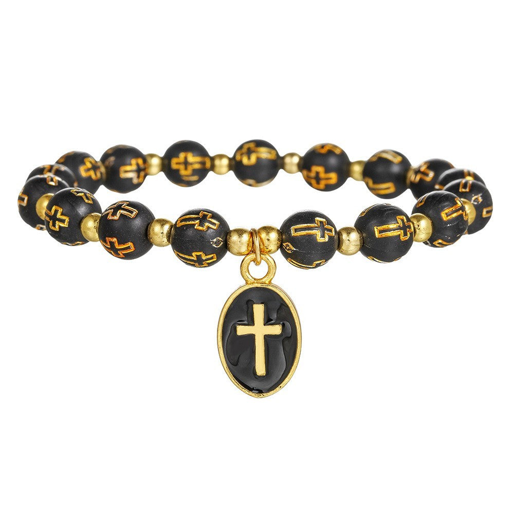 2pcs Religious Cross Bead Bracelet Gold Tone Christian Prayer Jewelry Set