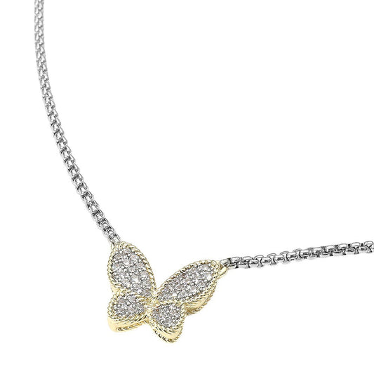 Two-Tone Pave CZ Butterfly Pendant Necklace Silver Rose Gold Tone Charm 18"