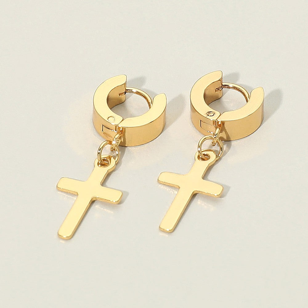 Women's Stainless Steel Cross Charm Dangle Mini Huggie Hoop Earrings Gold Tone