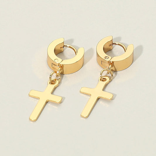 Women's Stainless Steel Cross Charm Dangle Mini Huggie Hoop Earrings Gold Tone