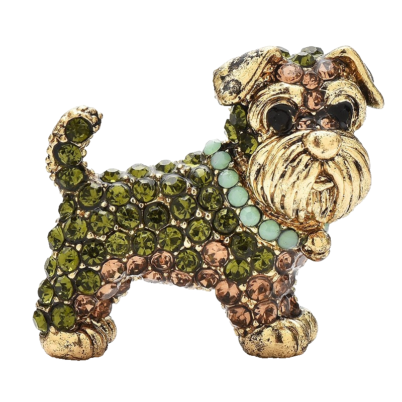 Vintage Style Schnauzer Dog Brooch Green Brown Rhinestone Figural Pin