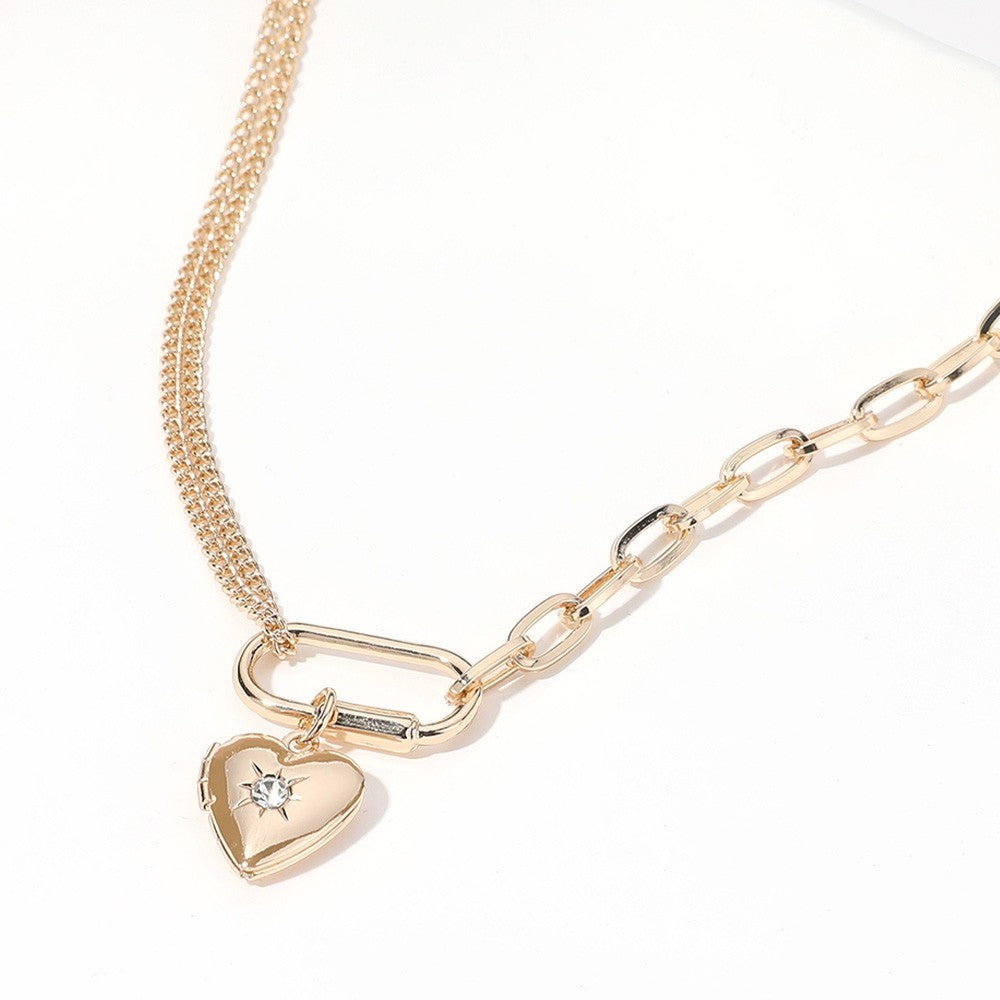 Gold Stone Paved Heart Locket Carabiner Charm Half Paper Clip Chain Necklace