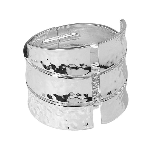 Bold Wide Textured Silver Tone Metal Hinged Bangle Bracelet for Women