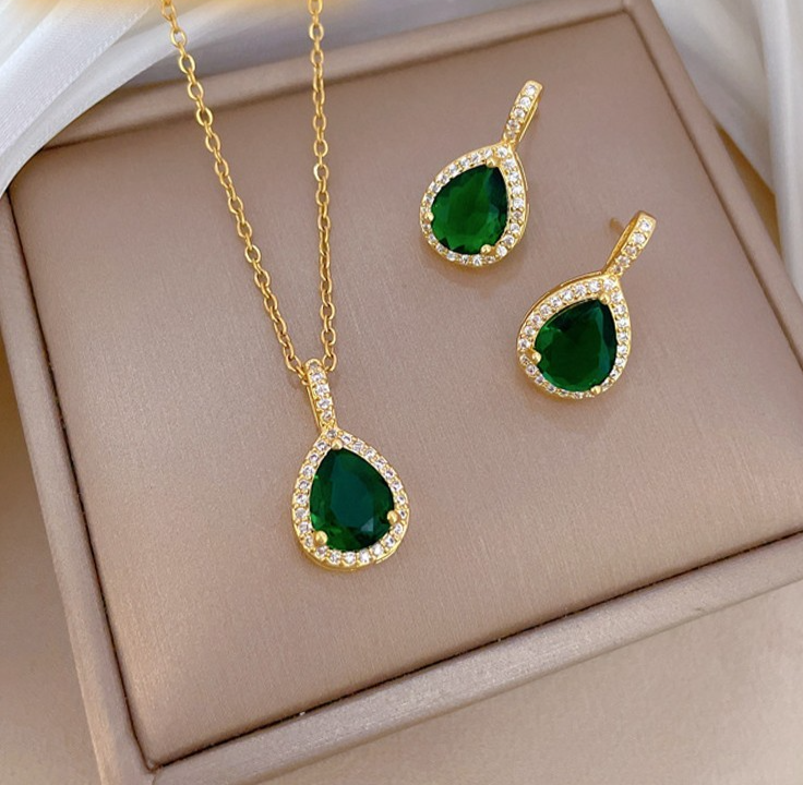 Gold Plated Stainless Steel Green Teardrop Zircon Necklace Earring Set for Women