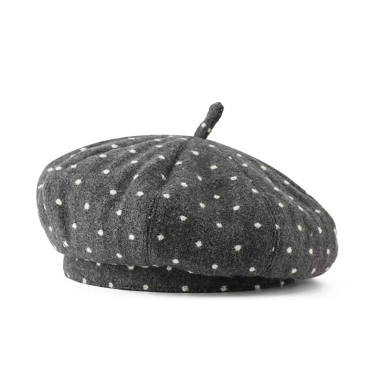 Grey Polka Dot Beret Hat Women's Slouch Cap  9.8 in Parisian Style