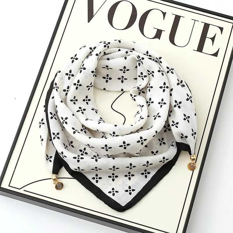 Black White Clover Print Neckerchief Bandana Scarf Gold Charms