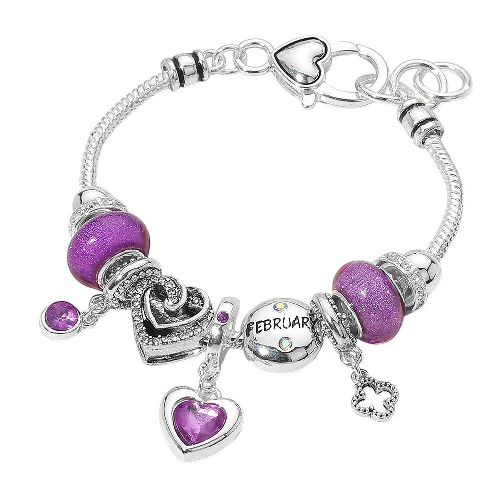 February Birthstone Bracelet Purple Beaded Heart Charm Stretch Jewelry Gift