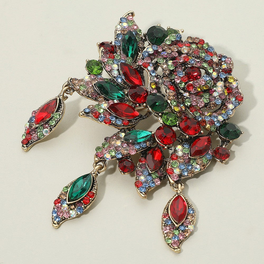 Gold Tone Multicolor Rhinestone Embellished Rose Flower Pin Brooch for Women