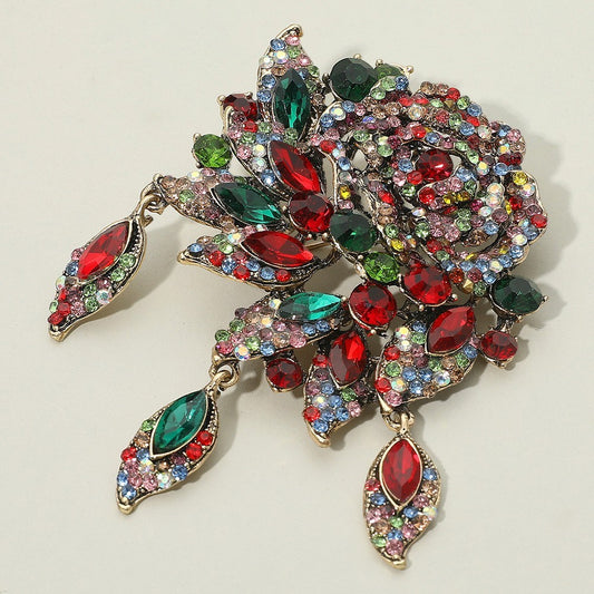 Gold Tone Multicolor Rhinestone Embellished Rose Flower Pin Brooch for Women