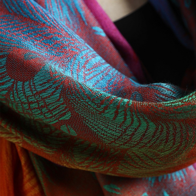 Peacock Feather Jacquard Scarf Gradient Colors Tassel Wrap Shawl for Women