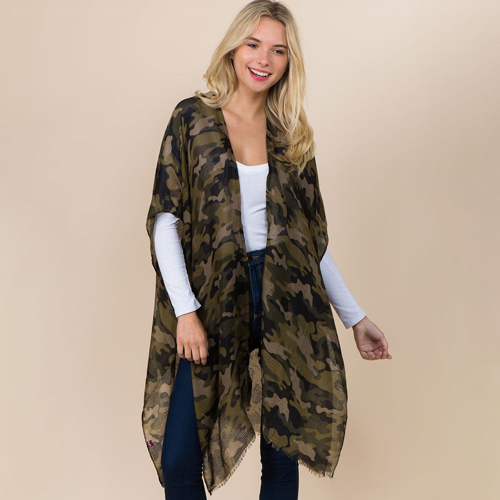 Camo Print Kimono Wrap Poncho Lightweight Open Front Women’s One Size