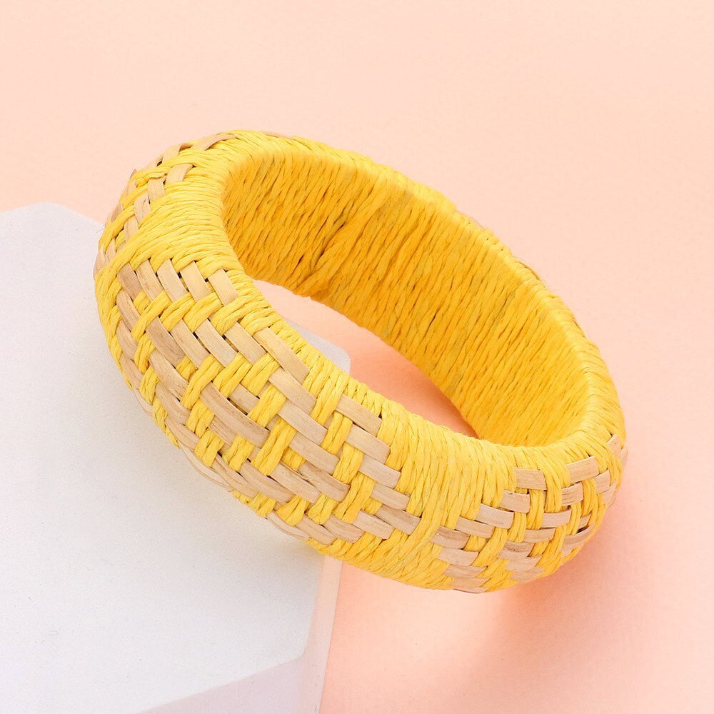 Yellow Raffia Woven Bangle Bracelet Summer Beach Boho Jewelry for Women Girls