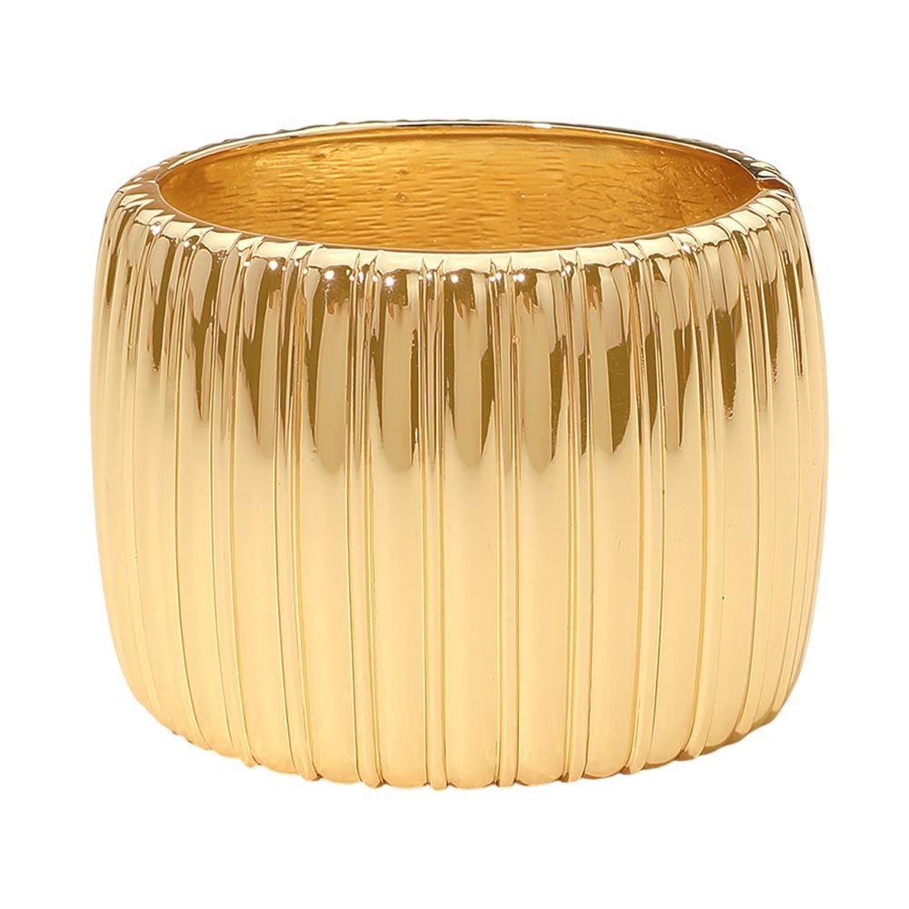 Gold Ribbed Cuff Bracelet Wide Chunky Hinged Bangle Statement Jewelry
