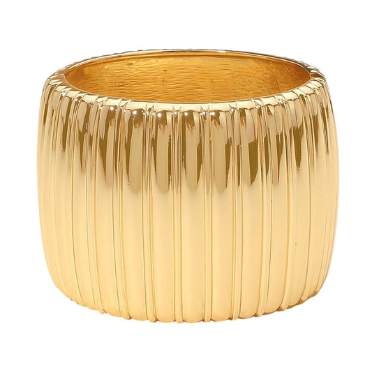 Gold Ribbed Cuff Bracelet Wide Chunky Hinged Bangle Statement Jewelry