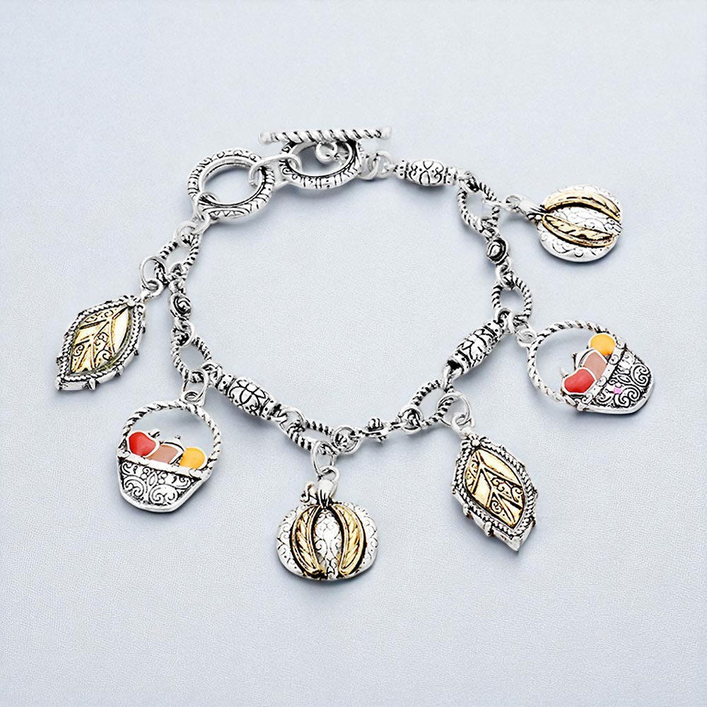 Antique Silver Thanksgiving Charm Bracelet Harvest Basket Leaf Autumn Jewelry
