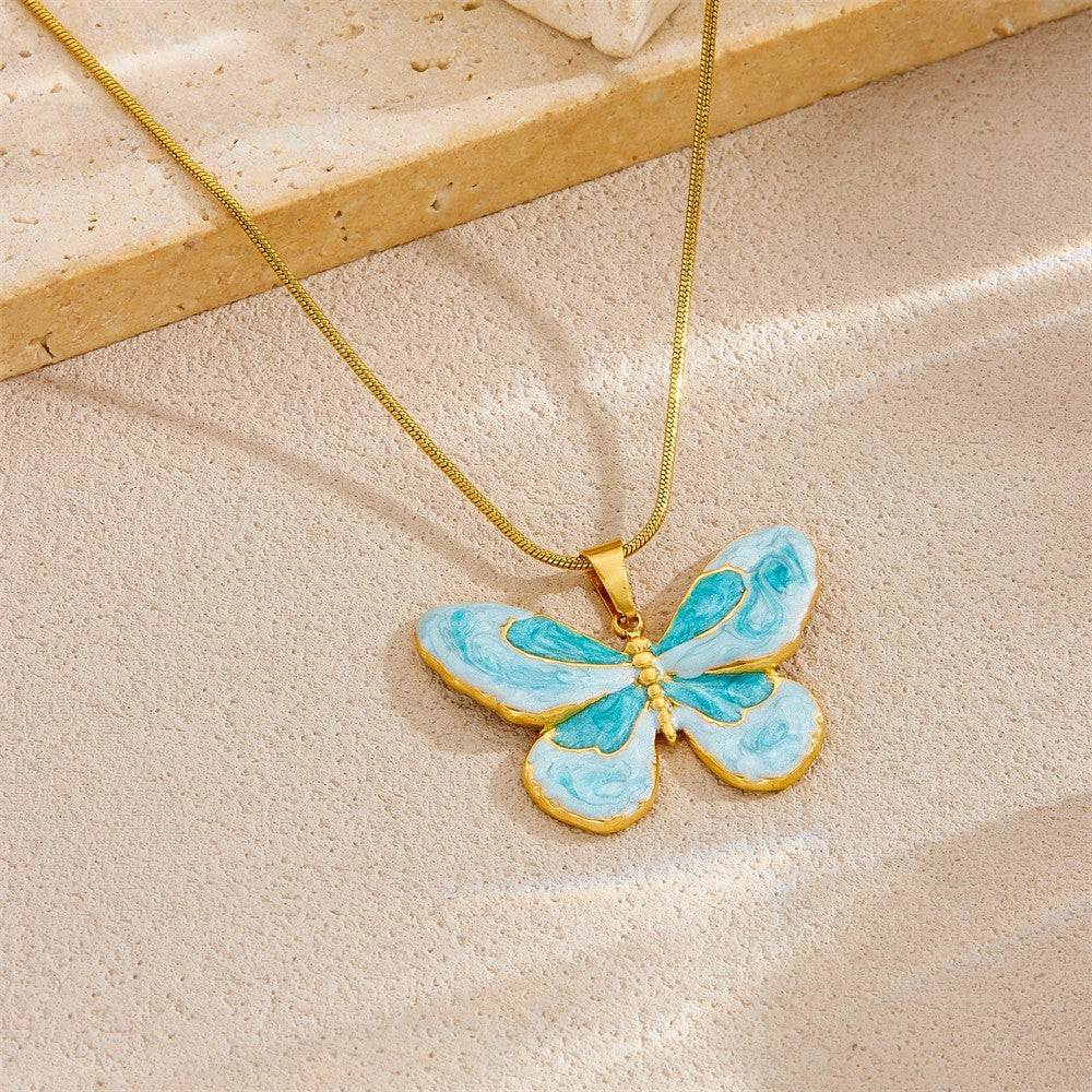 Blue Butterfly Pendant Necklace for Women Gold Tone Chain Fashion Jewelry Gift