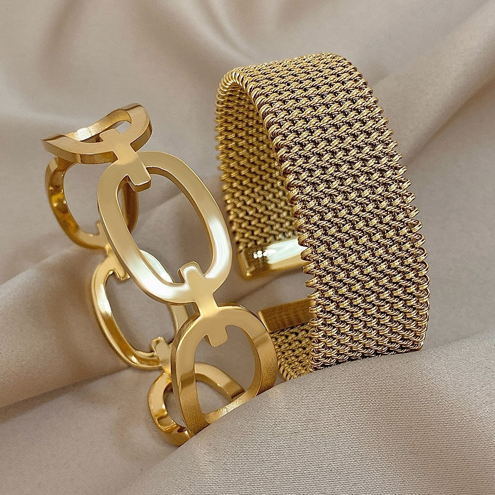 2pcs 18K Gold Plated Mesh Cuff & Chunky Oval Link Bangle Bracelet Stack Set