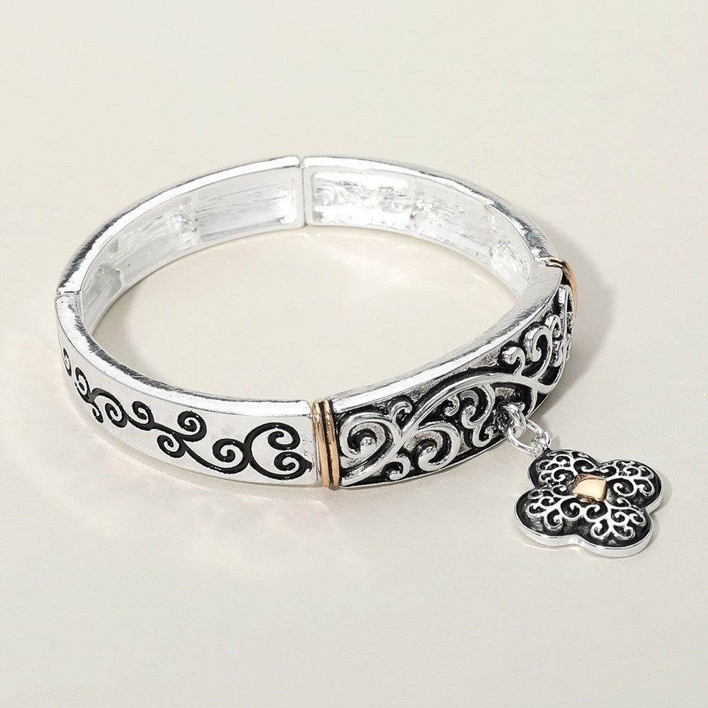 Antique Gold Metal Quatrefoil Charm Stretch Bracelet for Women Fashion Gift