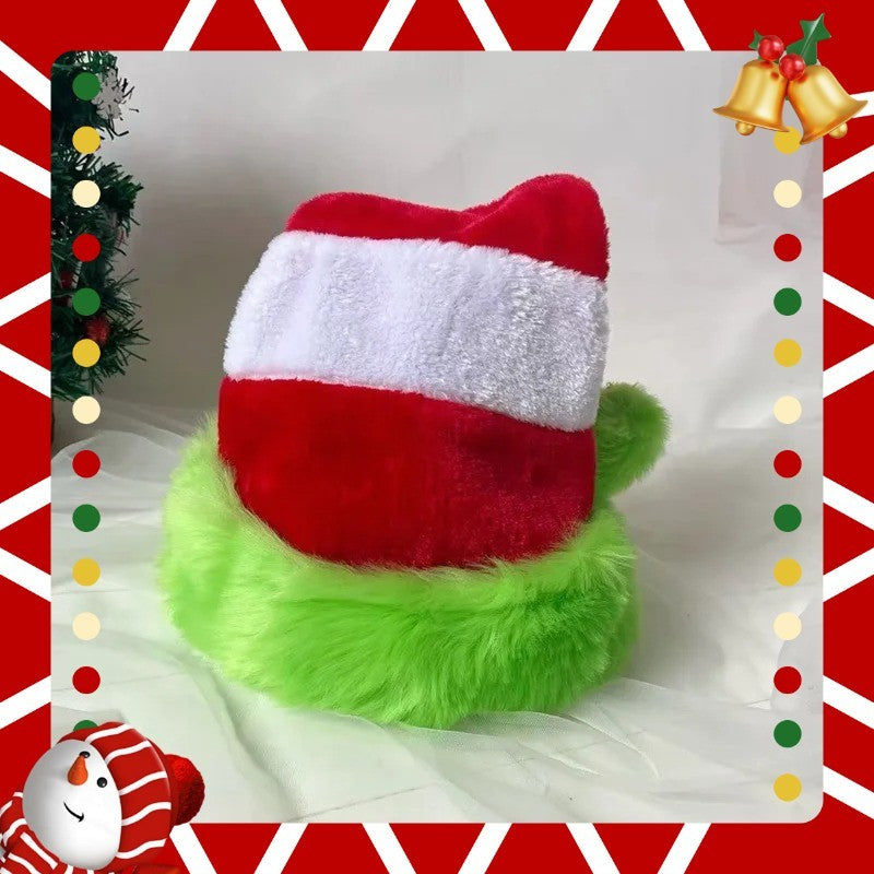 Jumbo Red White Striped Green Faux Fur Santa Elf Hat Costume Adult 18.5 inch