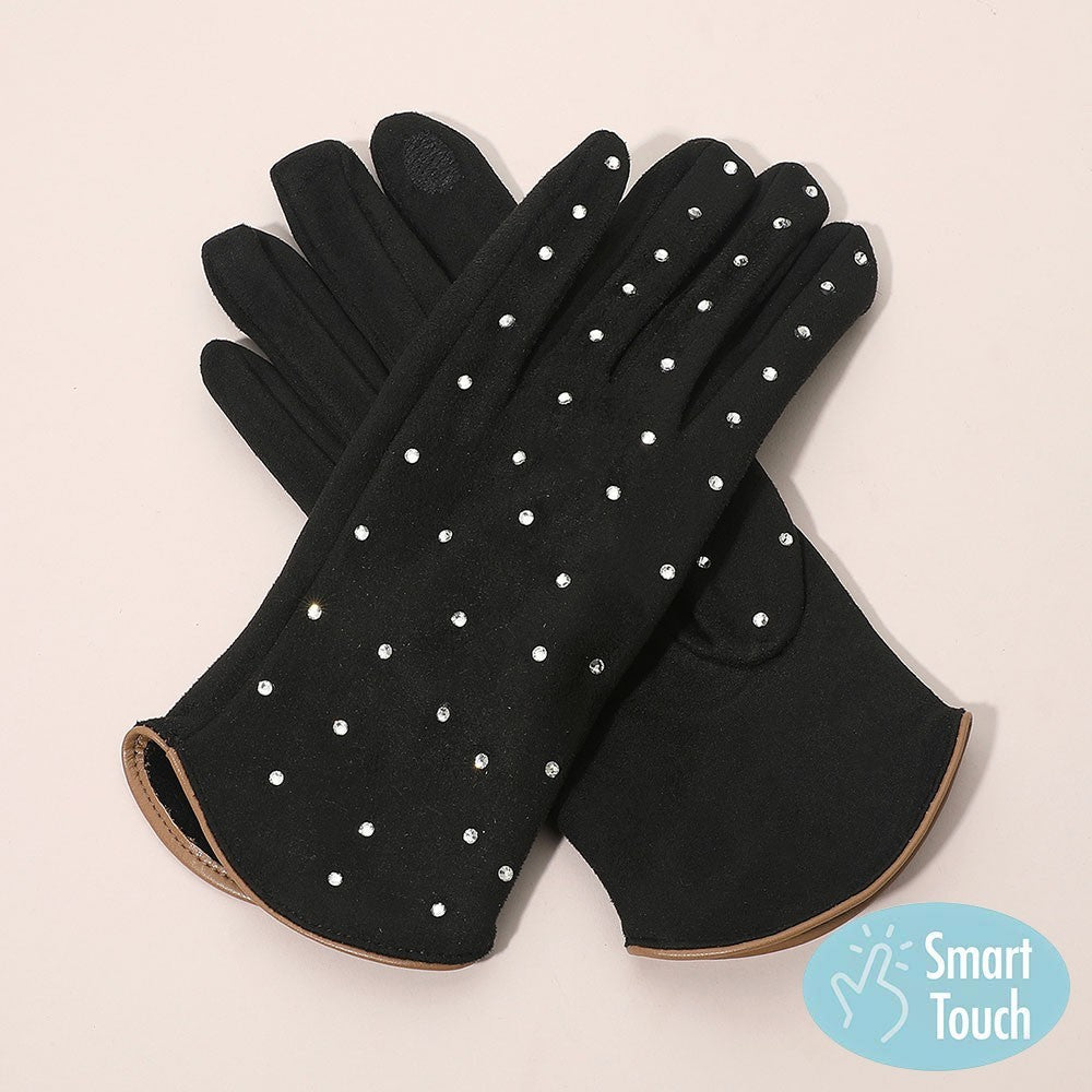 Women Black Rhinestone Touchscreen Gloves Winter Warm Sparkle 9 in'