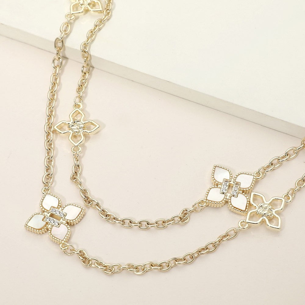 Gold Layered Clover Station Necklace Mother of Pearl Rhinestone 36" + 2"