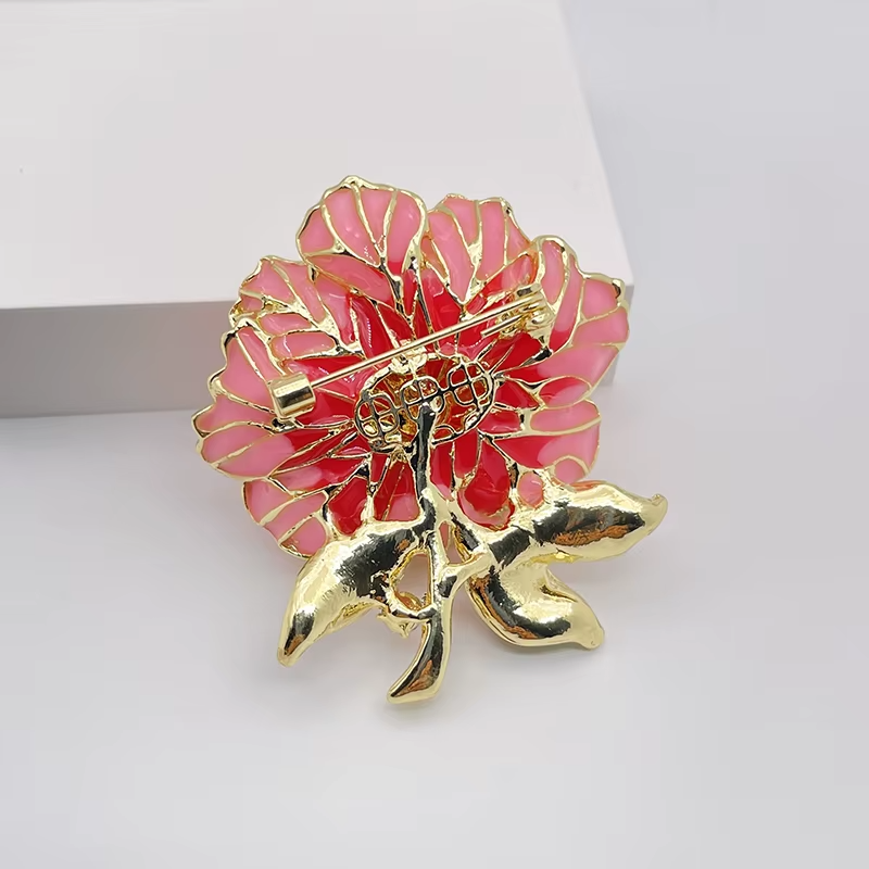 Elegant Large Pink Peony Flower Brooch Pin Gold Tone & Rhinestone Jewelry