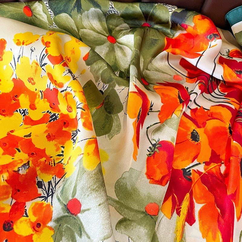Large Floral Silk Feel Shawl Scarf Orange Yellow Green Wrap 71" x 35"