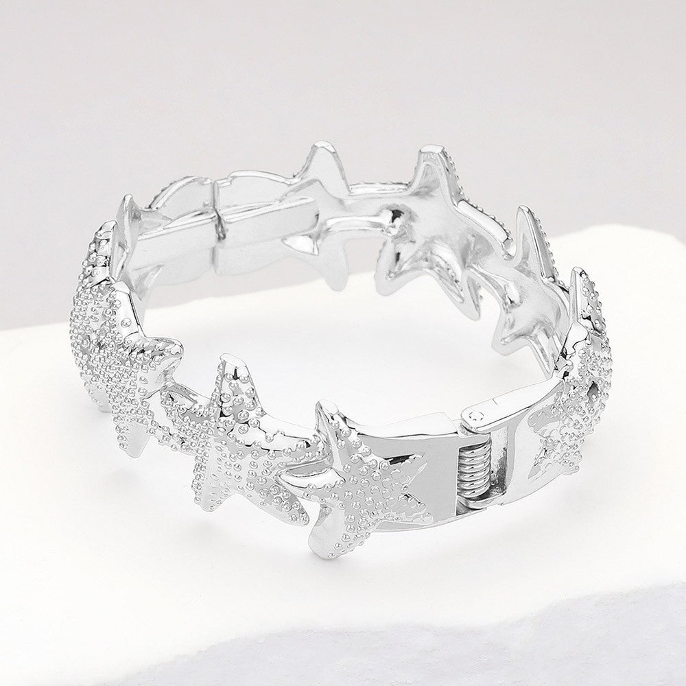 Silver Textured Starfish Link Hinged Bangle Bracelet for Women Ocean Jewelry