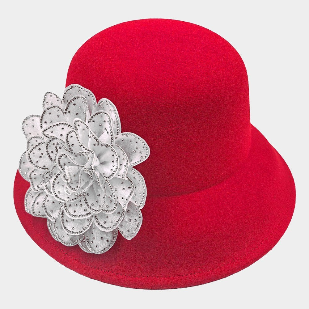 Red Cloche Dress Hat White Flower Rhinestone Church Derby Bucket Formal Cap