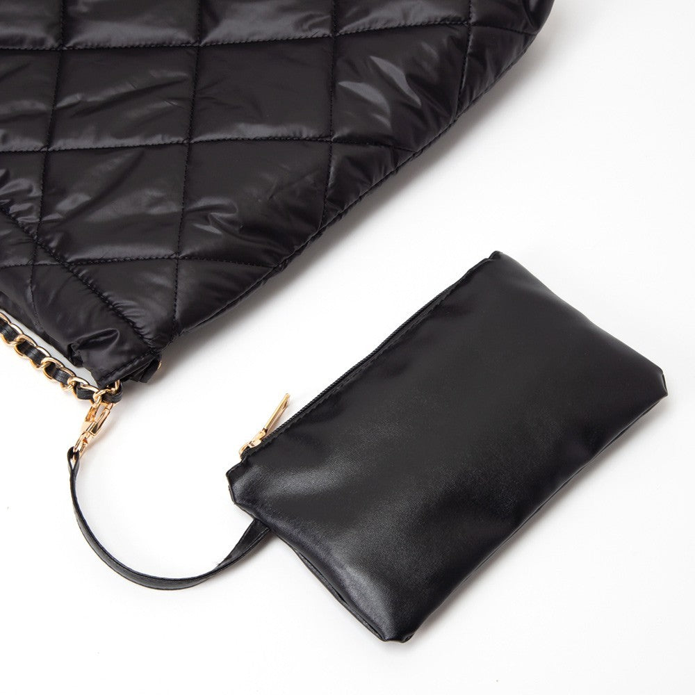 Quilted Black Puffer Tote Bag Oversized Shoulder Handbag with Chain Strap