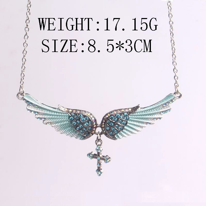 Rhinestone Angel Wing Cross Necklace Gift Set 3 Pcs Pink Blue Silver Jewelry